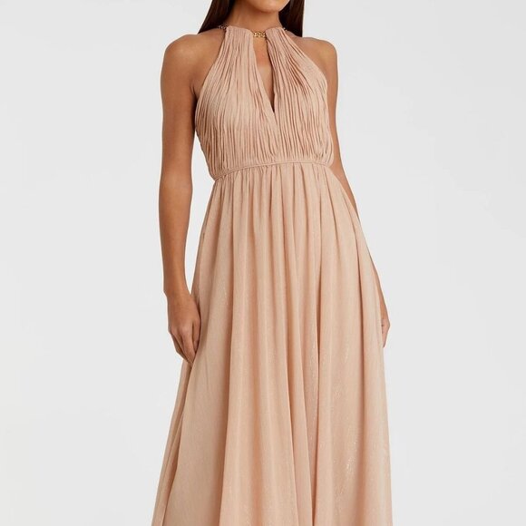 Mac Duggal Nude Beige Formal Floor Length Halter Chain Neck Dress 55822 Size 2 - Picture 1 of 14